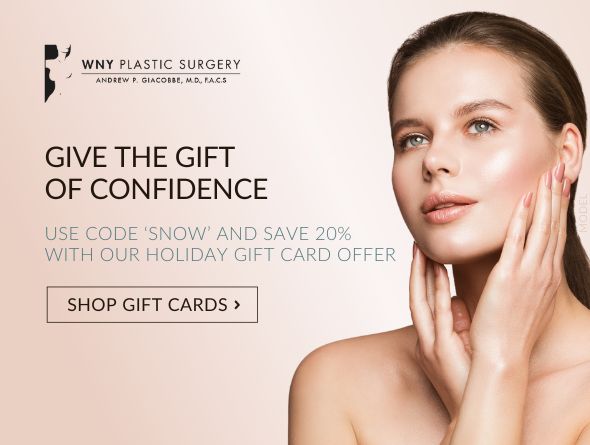 Receive 20% off gift cards in December with code 'SNOW' (model image of woman with glowing skin)