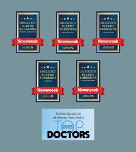 Newsweek Breast Augmentation award, Newsweek Rhinoplasty award, Newsweek Liposuction award, Newsweek Facelift award, Newsweek Eyelid Surgery award, and Buffalo Spree’s list of Western New York’s Top 2025 Doctors